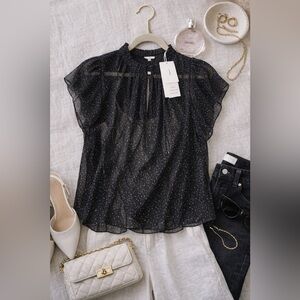 Vince Navy Sheer Blouse with Polka Dots Sz M Minimalist $345